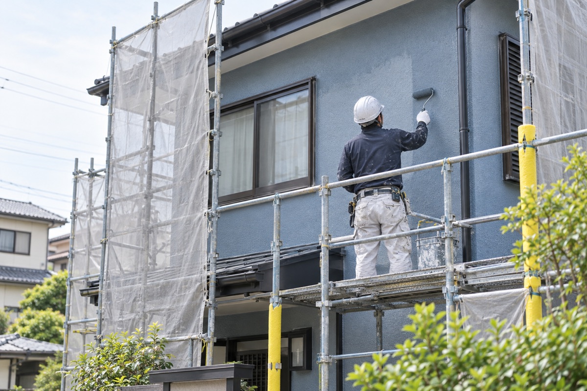 足場を設けて住宅の外壁を塗装する作業イメージ